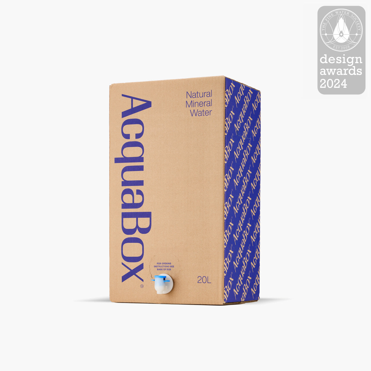 20 litre AcquaBox Natural Mineral Water with tap, eco-friendly bag-in-box packaging by Mountain Falls, featuring 2024 design award badge
