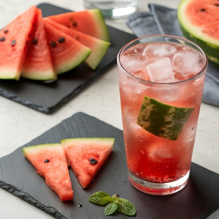 Chilled Watermelon Mint Refresher in a tall glass with fresh watermelon slices on slate plates and mint garnish.